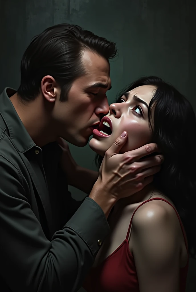 A man covering a woman&#39;s mouth, representing gender violence. The image must convey emotion and strength, with a focus on facial expressions.

Por favor, create these images with these characteristics!