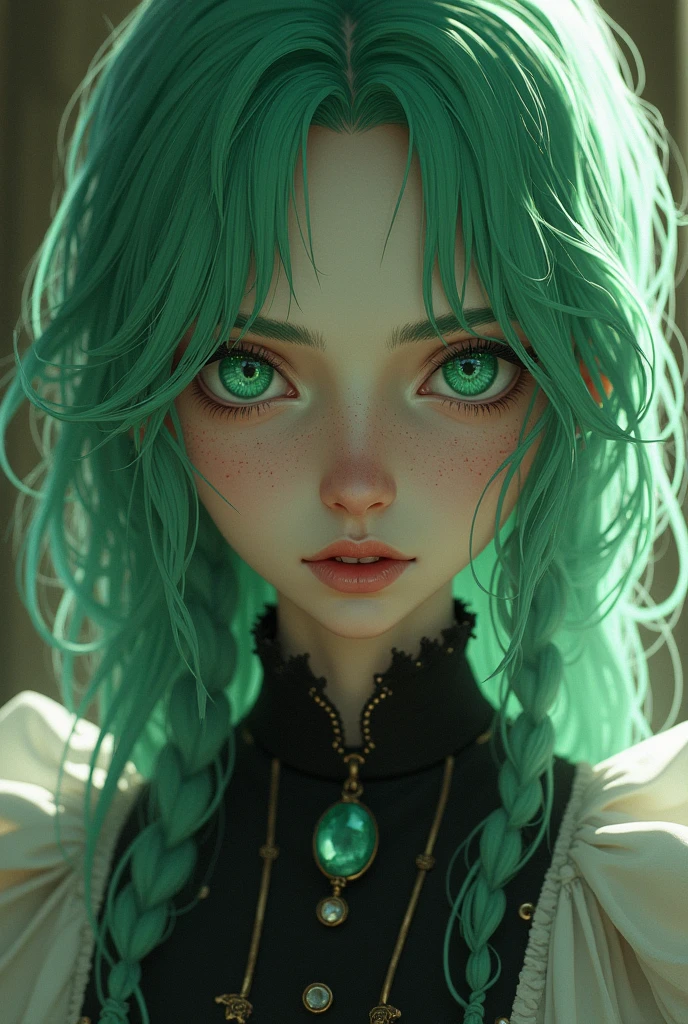 Fantasy Character. adult woman, green haired and green eyed. Fair skin with freckles on nose and cheeks. A frightening look and expression. Woman in medieval clothing, White and black. Anime line medieval era.