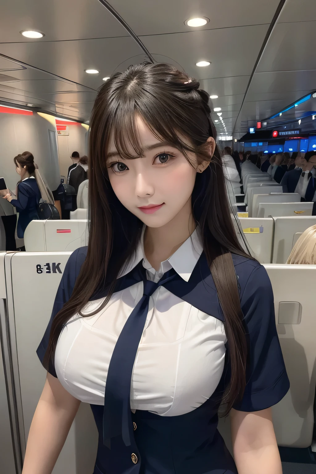 One Girl, 1 person,Highest quality,High resolution,超High resolution,8k,Realistic,Upper Body,encounter_audience,Large Breasts, the body is slim,(Cabin Attendant:1.2), uniform, airport,