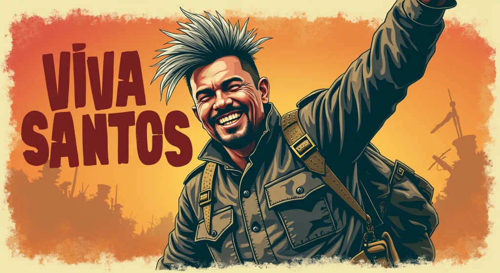 a cinematic, high-contrast, distressed, vintage t-shirt print design with a punk twist, featuring a proud, 40-year-old Russian soldier from the Ho Chi Minh Army, with a short, flat mohawk and a goatee, laughing jubilantly to the sky with bold, dynamic, and victorious hands gestures, his eyes closed, and his face contorted in a strong, confident, and triumphant expression, set against a clean, gradient background that subtly graduates from a deep, rich yellow center to a warm, vibrant red background, evoking the colors of the Vietnamese flag, with the bold, vintage-style title "VIVA SANTOS!" emblazoned in a curved line, in a faded font with rustic, worn edges, placed prominently in front of the soldier, creating a central focal point, while the soldier's intricately detailed, earth-toned uniform accurately reflects the Ho Chi Minh Army style, complete with a faded, crimson scarf, a brown, studded belt, and a pair of worn, black boots, all blending into the aged, aesthetically faded edges of the design.