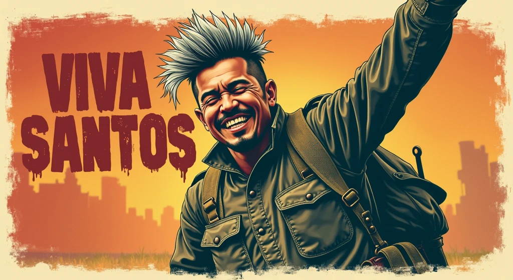 a cinematic, high-contrast, distressed, vintage t-shirt print design with a punk twist, featuring a proud, 40-year-old Russian soldier from the Ho Chi Minh Army, with a short, flat mohawk and a goatee, laughing jubilantly to the sky with bold, dynamic, and victorious hands gestures, his eyes closed, and his face contorted in a strong, confident, and triumphant expression, set against a clean, gradient background that subtly graduates from a deep, rich yellow center to a warm, vibrant red background, evoking the colors of the Vietnamese flag, with the bold, vintage-style title "VIVA SANTOS!" emblazoned in a curved line, in a faded font with rustic, worn edges, placed prominently in front of the soldier, creating a central focal point, while the soldier's intricately detailed, earth-toned uniform accurately reflects the Ho Chi Minh Army style, complete with a faded, crimson scarf, a brown, studded belt, and a pair of worn, black boots, all blending into the aged, aesthetically faded edges of the design.