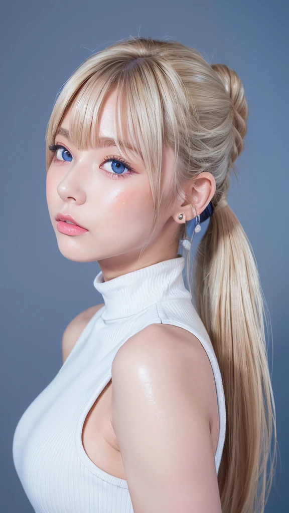 ((Highest quality)), ((masterpiece)), (High-definition photos), (upper ponytail), (Blonde), (bangs), (beautiful girl:1.3), False eyelashes, (earrings), white sleeveless turtleneck dress with a ribbed texture and a bodycon fit, (white skin), head tilt, (Blushed:1.3), (face:1.1), from side, (kiss fish sausage:1.4), Shiny skin、wetty lips, Thin eyebrows、(Blue eyes:1.1)
