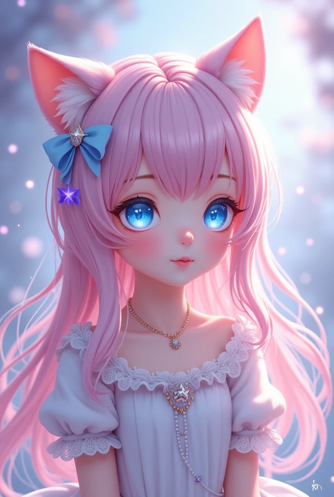 Main character: A girl with long light pink hair. Her hair falls in soft waves and she has little cat ears sticking out from the top of her head..
eyes: Blue with star-shaped pupils, that shine with a magical sparkle.
fur: White and soft.
attire: Wear a dress or outfit in white and lilac tones. The outfit can be elegant, with details such as lace or ribbons that complement the color of your hair and eyes.
Environment: It can be a soft or dreamlike background that highlights the pastel colors and magical aura of the character..