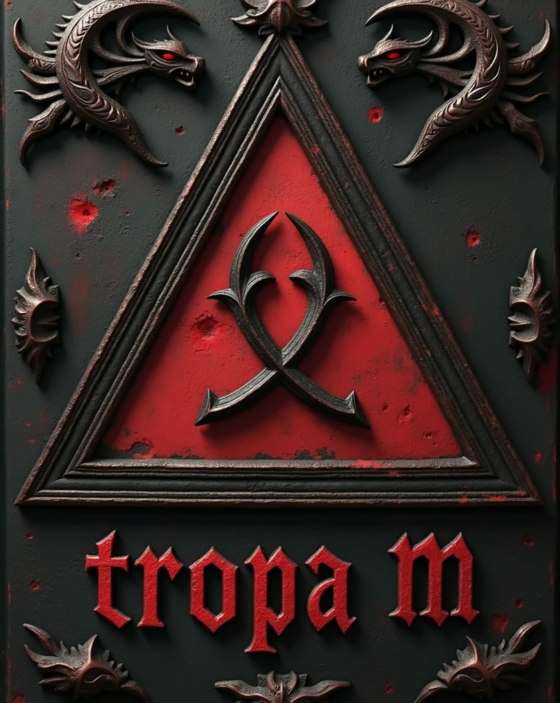 Cover of a dark and gloomy book with a text written "TROPA M" with a rustic font at the bottom, with a red triangle in the middle, with dragon adornments and M at the ends
