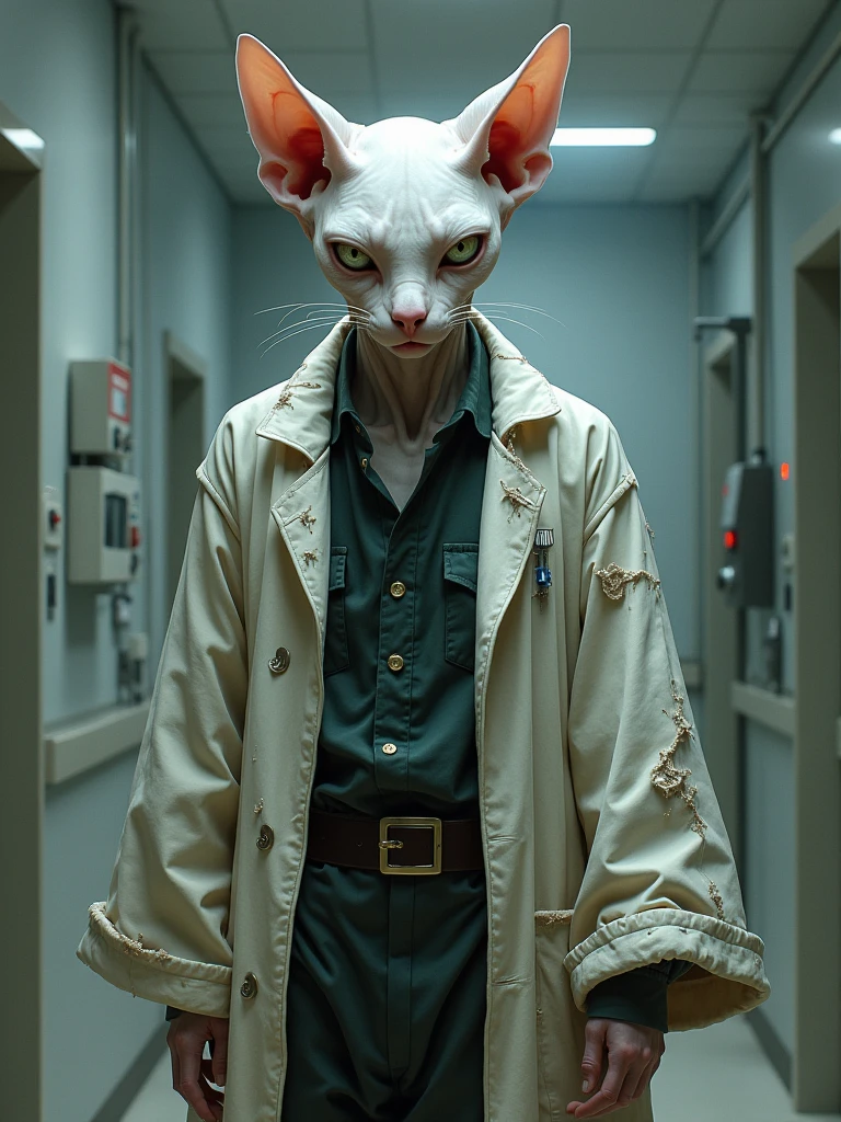 an anthropomorphic character with a lab coat and the head of an albino cat. Zombie sphynx cat in horror concept art, alias, doctor, detailed clothing texture, 2 arms, academic painting, visual novel sprite, hospital, male drow, damaged clothing, janitor, coat, hawkins, albino, vargas, (((more detail)).