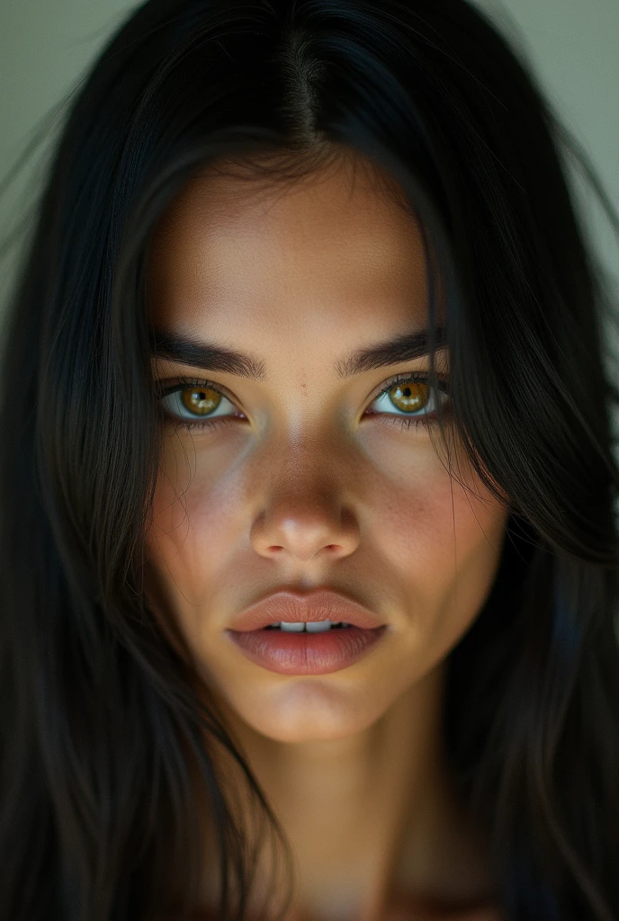 A girl endowed with extreme beauty, an ethereal beauty, straight hair as black as night,eyes the color of whiskey, almost golden eyes.She looks powerful, strong and courageous. Her nationality is very important, she is Brazilian, still she has pale skin to the point where you can see her veins but still beautiful