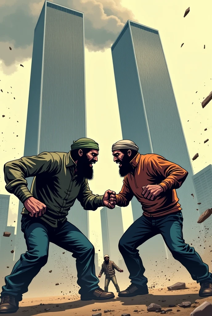 An anthropomorphic version of the World Trade Center punching Osama bin Laden in the face