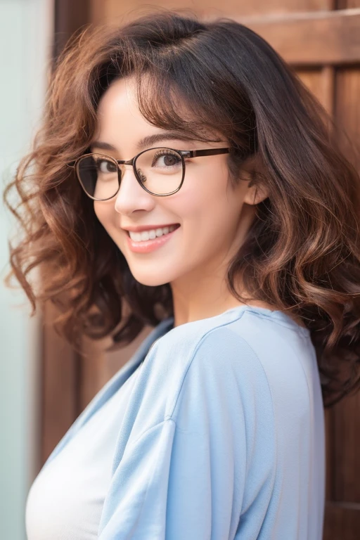 woman with very curly hair, kind smile, glasses and very white 