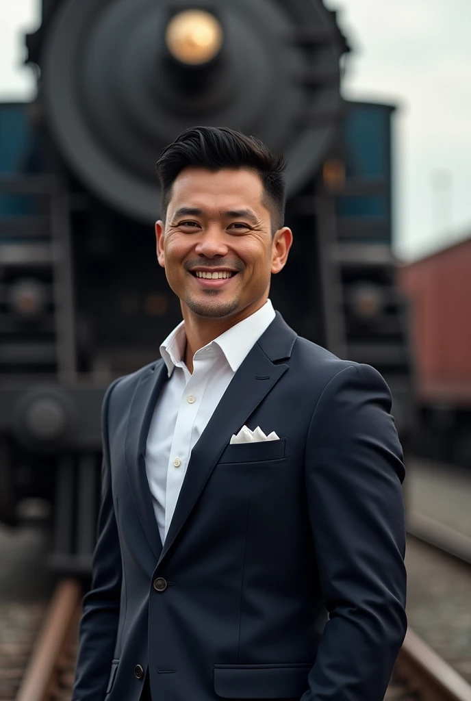 man, short black hair, smilling , dressed in an elegant suit, full body, looking at the camera, a locomotive behind, photorealistic