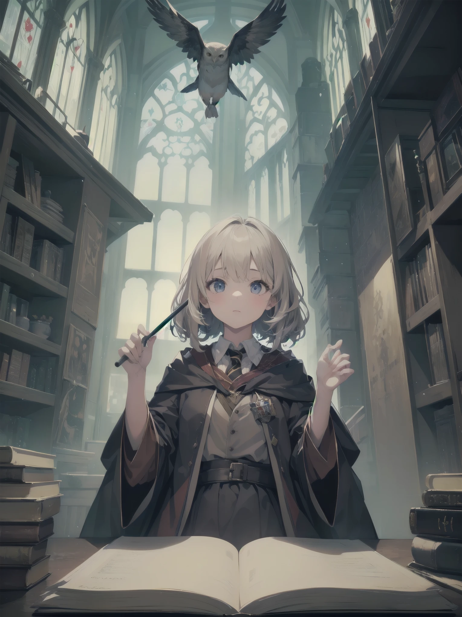 Masterpiece, Top Quality, Absurd, High Resolution, Subject Seismic, Animation Style Illustration with Mock Pause, 1 Girl, Solo, Cute random hairstyle, beautiful random expression and face, random age, slender, random clothing for situation,wizard robes, wand, magical castle, owl, spell book, (Hogwarts: 1.2), magic, wonder, (Harry Potter inspired: 1.3), mysterious atmosphere, details