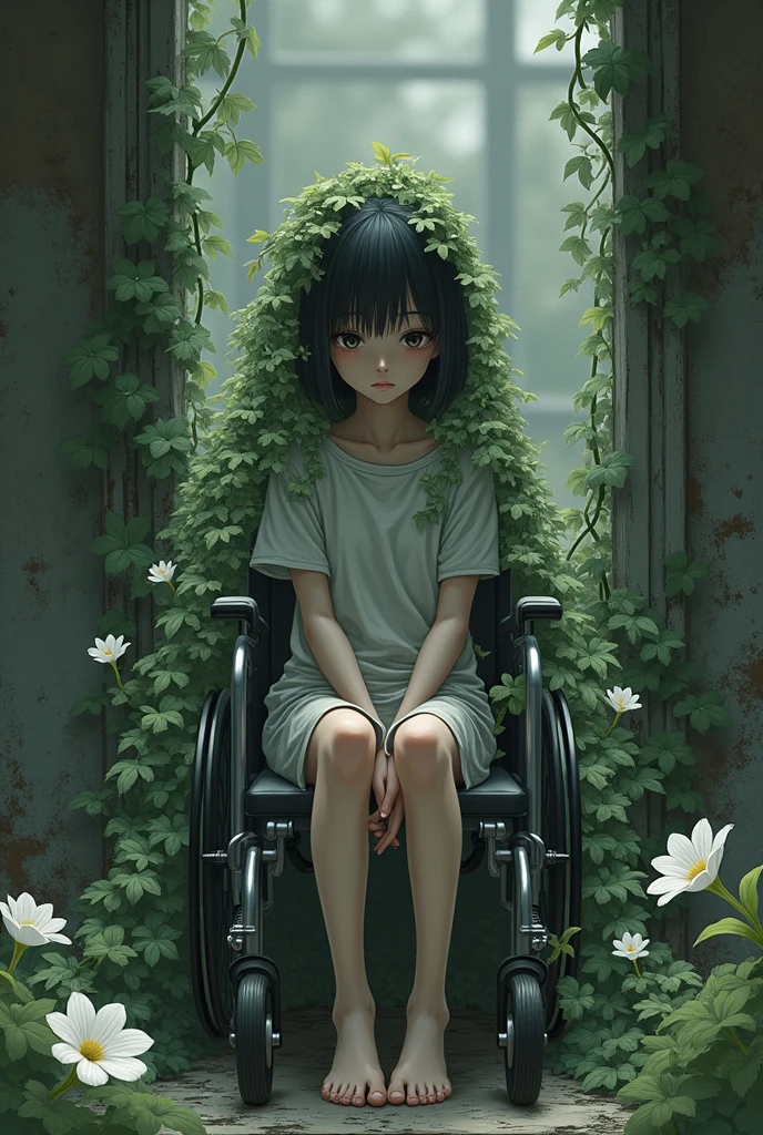 Depressed girl、Japanese、Black Hair、Bobcut、Pale complexion、Are thin、Countless ivy entangles the whole body、morning glory、ruins、Sitting in a wheelchair、Look down、