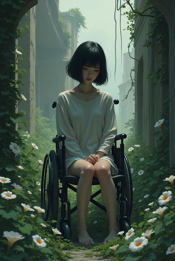 Depressed girl、Japanese、Black Hair、Bobcut、Pale complexion、Are thin、Countless ivy entangles the whole body、morning glory、ruins、Sitting in a wheelchair、Look down、