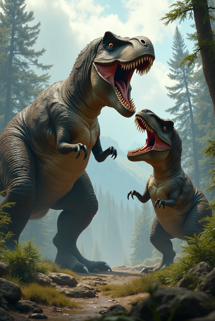 Two tyrannosaurs, one bigger and one a little smaller. Both are robust