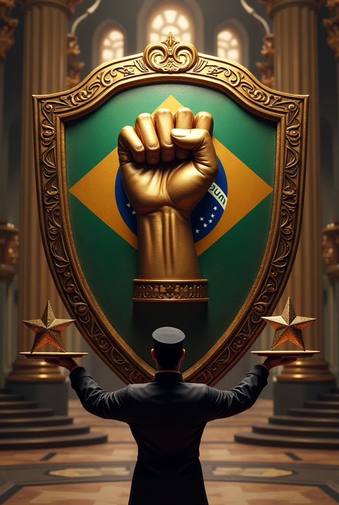 Shield with a hand of a Brazilian soldier, waiter holding an open tray with an army star floating on it