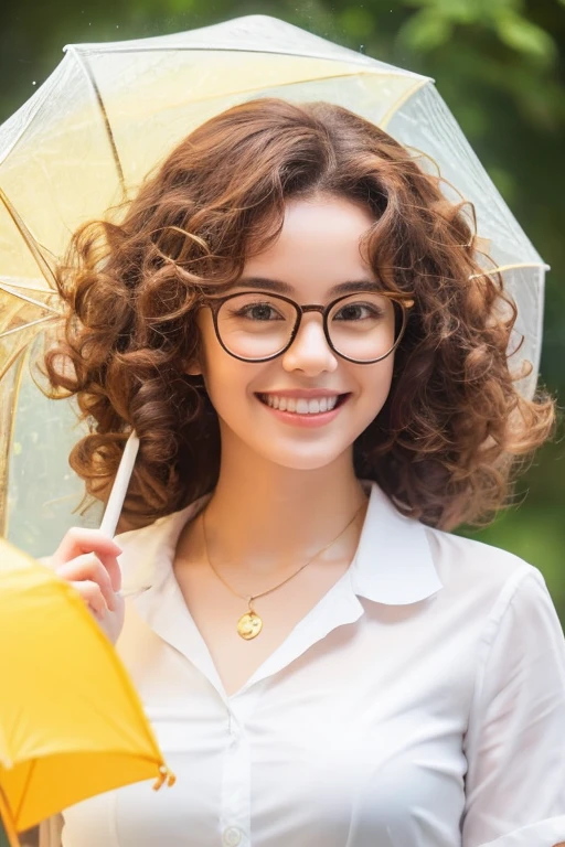 woman with very curly hair, kind smile, glasses and very white holding yellow umbrella