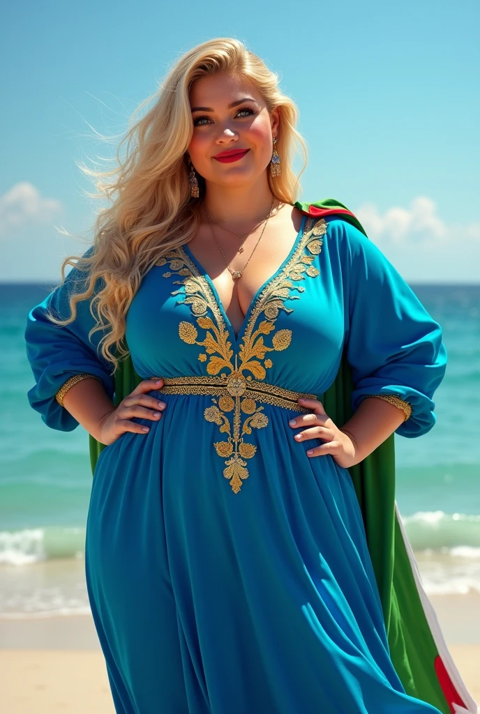 A blonde, plump woman, wearing a blue dress, decorated with gold embroidery, holding the Algerian flag in white and green on her shoulder, looking directly into the camera, she is standing on the blue seashore