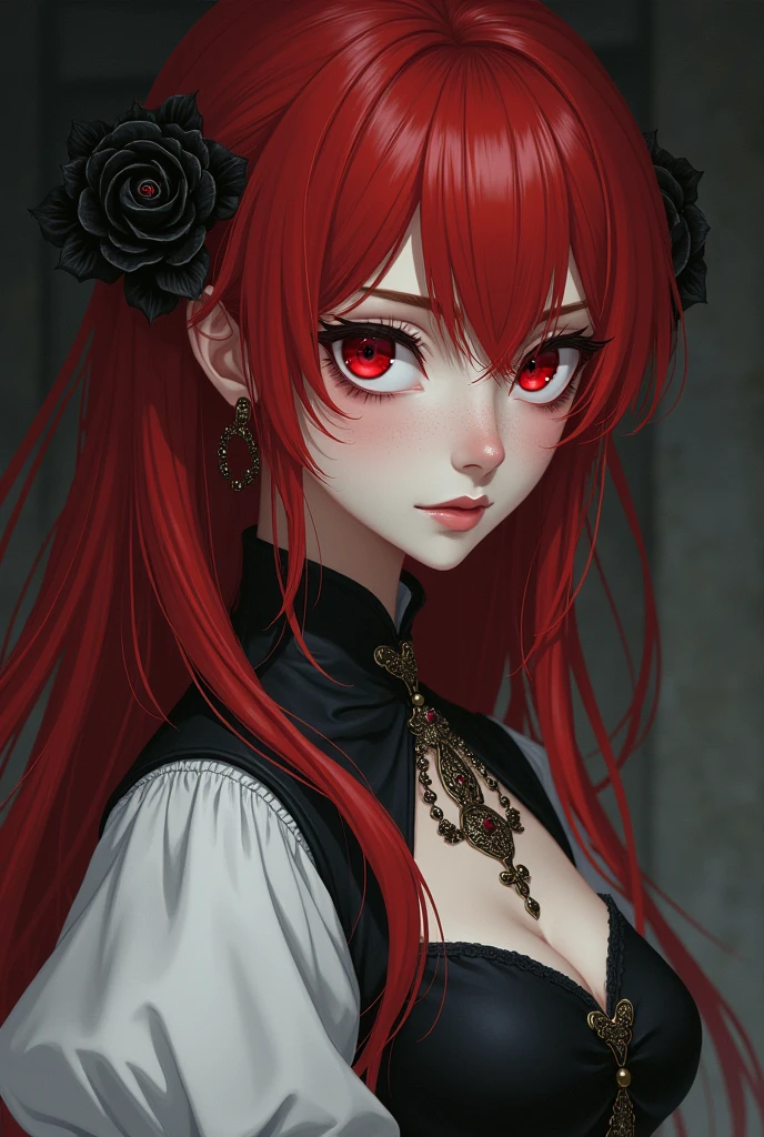 Fantasy Character. adult woman, red haired and red eyed. Fair skin with freckles on nose and cheeks. A frightening look and expression. Woman in medieval clothing, White and black. Anime line medieval era.