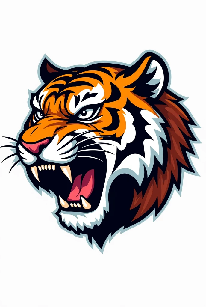 A tiger&#39;s head on a white background , in the style of a football game mascot , turned left roaring 