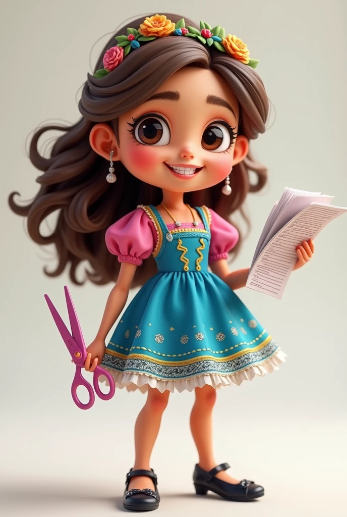 Brazilian doll woman mascot with long light brown hair, brown eyes and fair skin, Grinning, blue and pink dress with yellow details medium size, with the name Day Holding in his right hand several sheets of paper and in his left hand a pair of pink scissors. black high heel shoes with clear sole