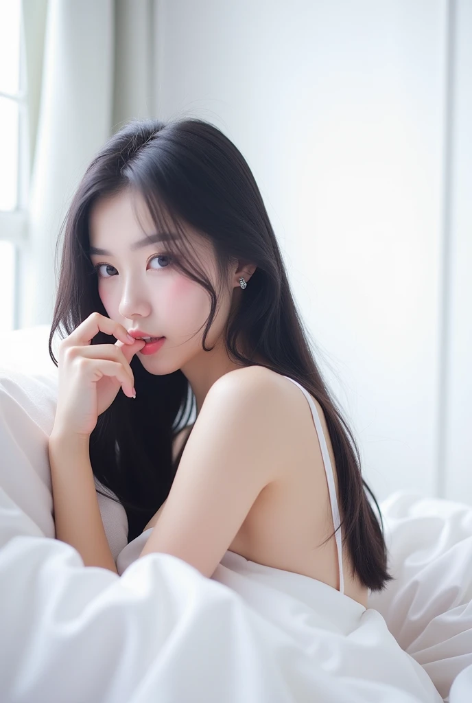 (Take the whole body:1), A realistic portrait of a woman, Very realistic, photography, long straight black hair, asian woman, 20-year-old Asian girl, beautiful, cute, sexy, hourglass figure, perfect body, Look flirting., natural big breasts, Long eyelashes, Cat eye makeup, Double eyelids, sexy pose, Erotic poses, seductive pose, big breasts, big , Naked body