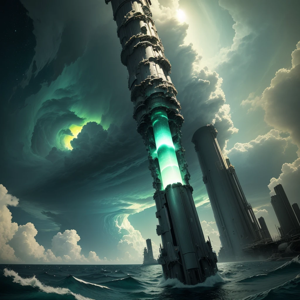 Make me a picture of a highly atmospheric planet a gass giant, with a liguid core, that has a lot of hurricanes reachig the sky from water, the whole planet has a green color pallete, it is digitaly drawn, with a perspective like a wide lens would have, it is very cloudy and sometimes greenish light is coming through the clouds