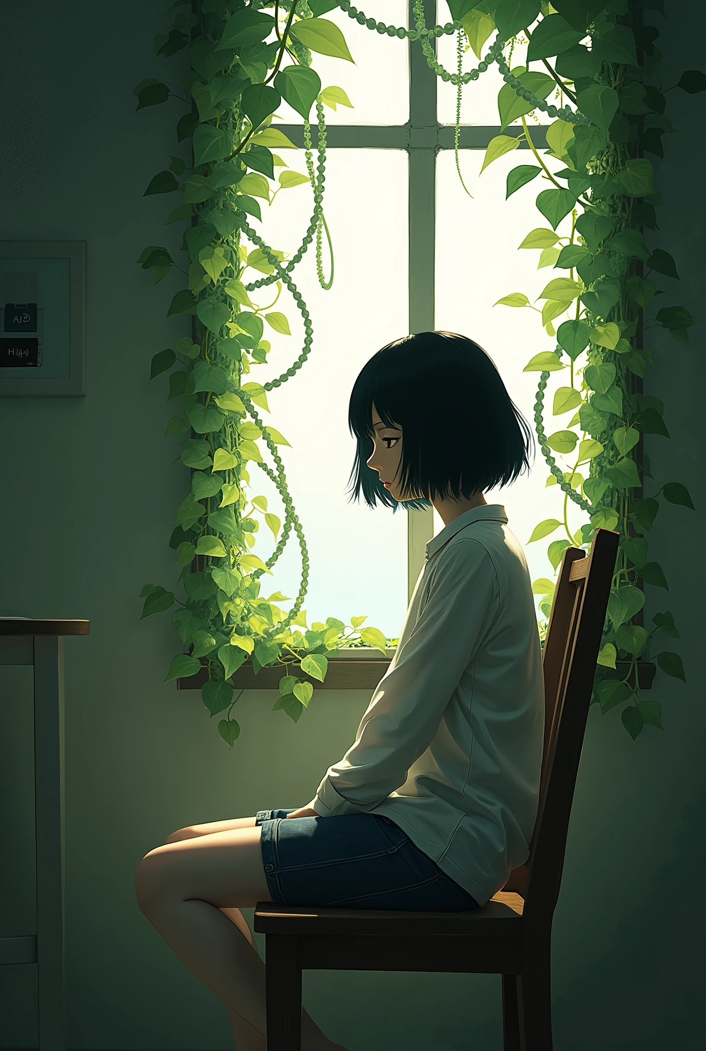 Depressed girl、Japanese、Black Hair、Bobcut、Pale complexion、Are thin、A lot of ivy entangled all over the body、A room filled with light、Sit on a chair