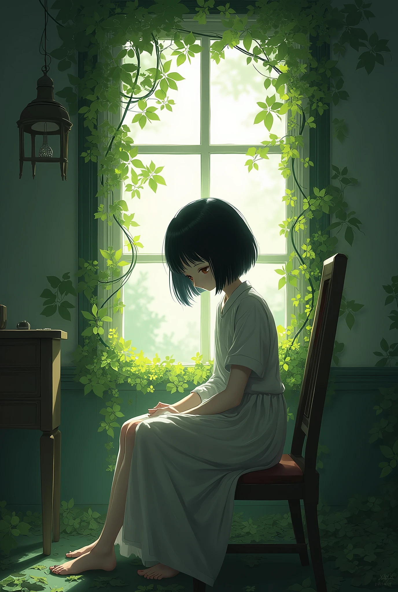 Depressed girl、Japanese、Black Hair、Bobcut、Pale complexion、Are thin、A lot of ivy entangled all over the body、A room filled with light、Sit on a chair
