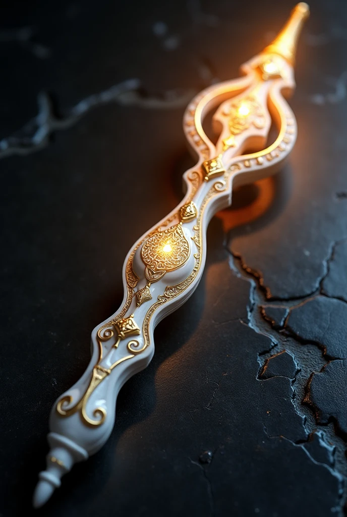 white wooden wizard wand with golden symbols