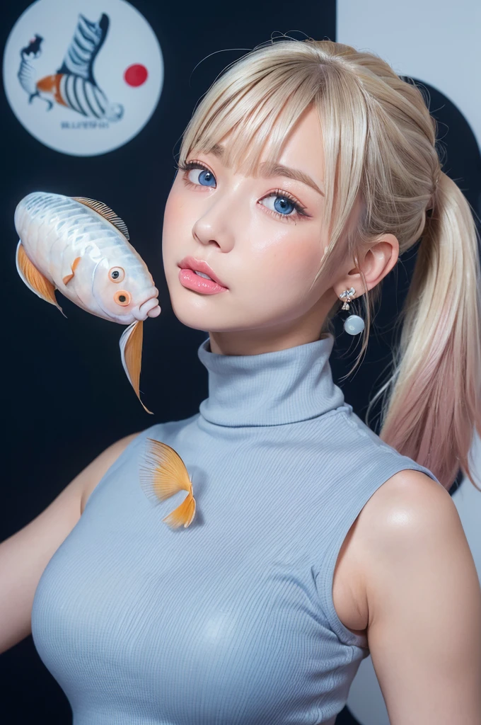 ((Highest quality)), ((masterpiece)), (High-definition photos), (upper ponytail), (Blonde), (bangs),  (beautiful girl:1.3), False eyelashes, (earrings), white sleeveless turtleneck dress with a ribbed texture and a bodycon fit, (white skin), head tilt, (Blushed:1.3), (face:1.1), from side, (kiss fish sausage:1.4), Shiny skin、wetty lips, Thin eyebrows、(Blue eyes:1.1)

