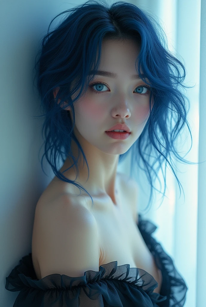 A boy with dark blue hair and blue eyes, with feminine appearance posing in a sexy manner