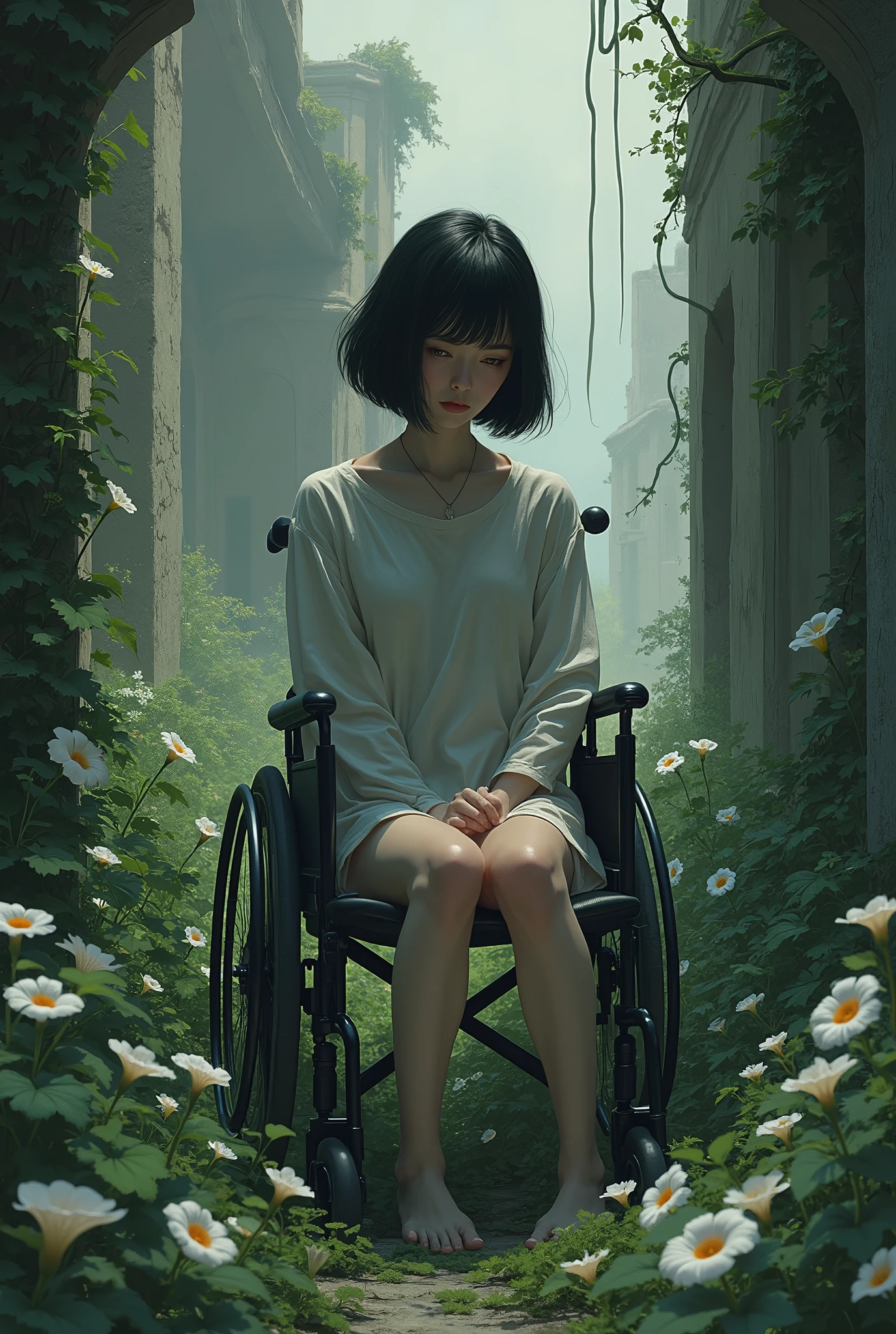 Depressed girl、Japanese、Black Hair、Bobcut、Pale complexion、Are thin、Countless ivy entangles the whole body、morning glory、ruins、Sitting in a wheelchair、Look down、