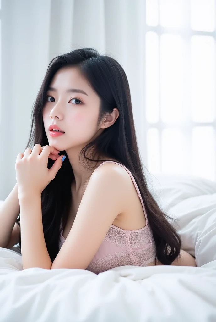 (Take the whole body:1), A realistic portrait of a woman, Very realistic, photography, long straight black hair, asian woman, 20-year-old Asian girl, beautiful, cute, sexy, hourglass figure, perfect body, Look flirting., natural big breasts, Long eyelashes, Cat eye makeup, Double eyelids, sexy pose, Erotic poses, seductive pose, big breasts, big , Wear a sexy and cute mint pink lace top.