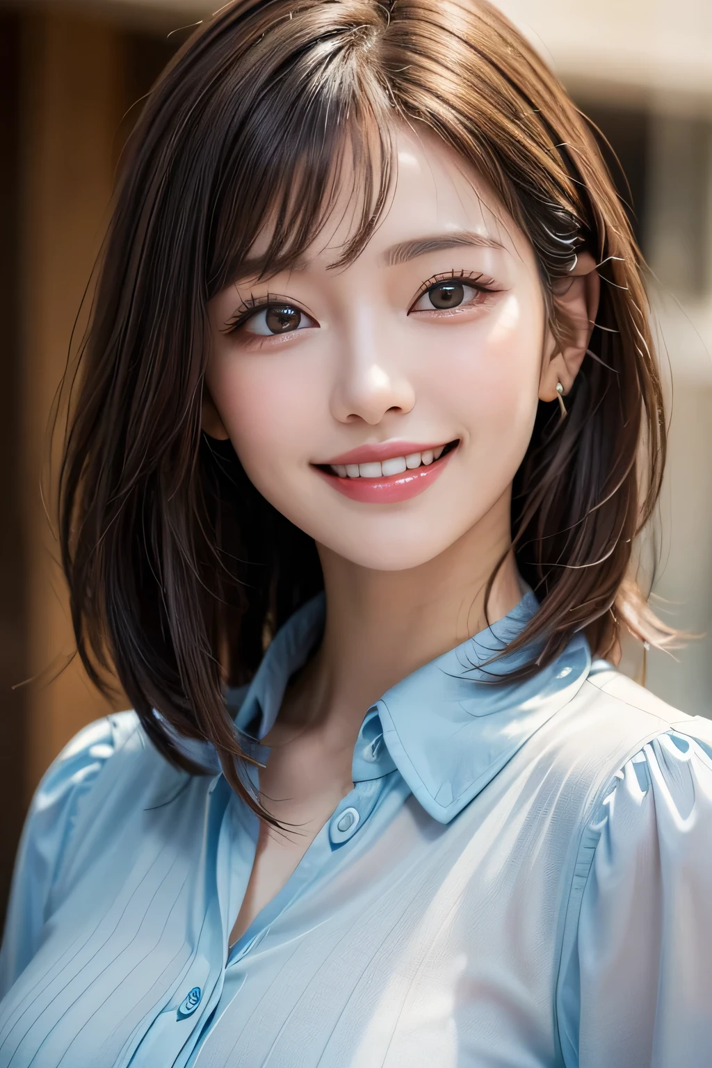 ((masterpiece)), ((Highest quality)), ((Complex)), ((Surreal)), (Realistic), (Mature Woman), ((There are no classes)), Very detailed, (1 female), Beautiful and exquisite, (Beautiful Teeth), Grin, Brunette bob hair, Brown eyes, ((blouse)), (Upper Body), ((background:none)), Perfect Eyes, Captivating eyes, Looking at the audience