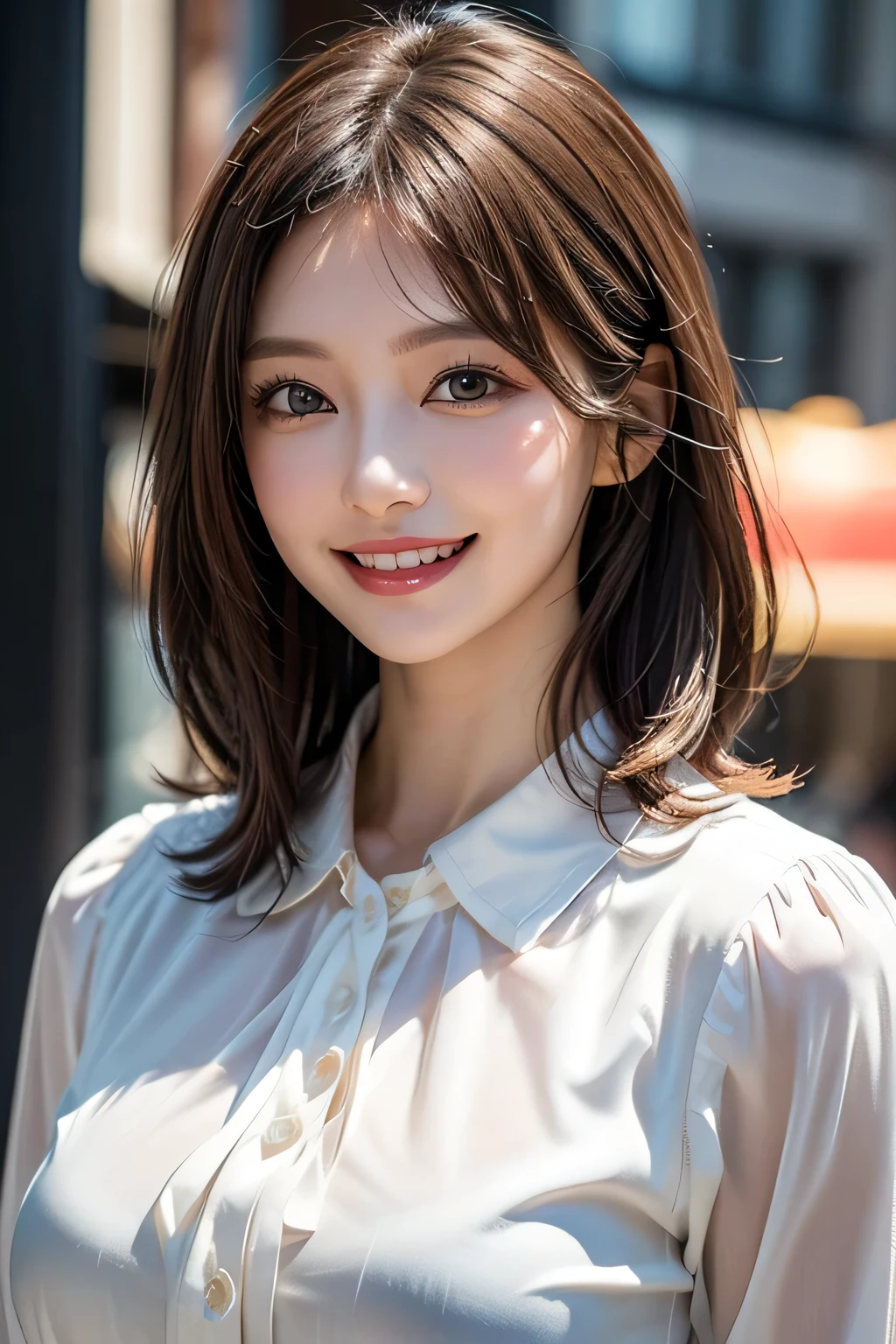((masterpiece)), ((Highest quality)), ((Complex)), ((Surreal)), (Realistic), (Mature Woman), ((There are no classes)), Very detailed, (1 female), Beautiful and exquisite, (Beautiful Teeth), Grin, Brunette bob hair, Brown eyes, ((blouse)), (Upper Body), ((background:none)), Perfect Eyes, Captivating eyes, Looking at the audience