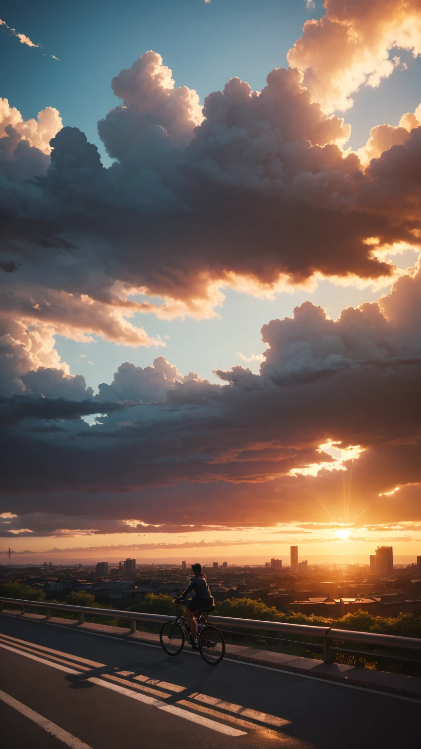 (3D:0.5,realistic:0.5,photorealistic:0.5),(absurdres,Super-resolution,masterpiece,best quality,finely detailed,absurdres:1.2), dramatic light, dramatic illumination, cinematic, anime scenery, makoto shinkai, ghibli, fantasy world, magical, beautiful sky, clouds, building, bikes, airplane trail, birds, dramatic lighting, cinematic lighting, sunset, warm sunset, warm sun, street, depth of field, lens flare,