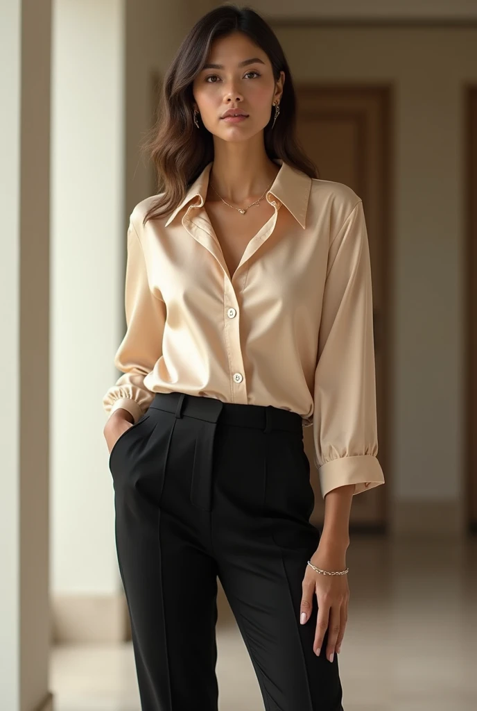 Champagne colored blouse with black pants