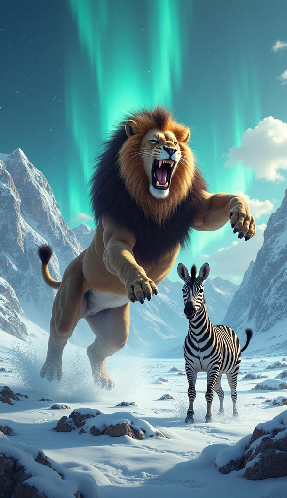 The lion jumps in the air against the background of the snowy mountains and the aurora sky, revealing its powerful body and fierce expression.   Below, a muscular zebra raising its arms in a defensive position also shows a strong expression.   The opposite word in the lively comic font is in the middle between the two animals, showing the confrontation and the big mouths.   Snow and ice cover the ground, increasing the forest cooling.