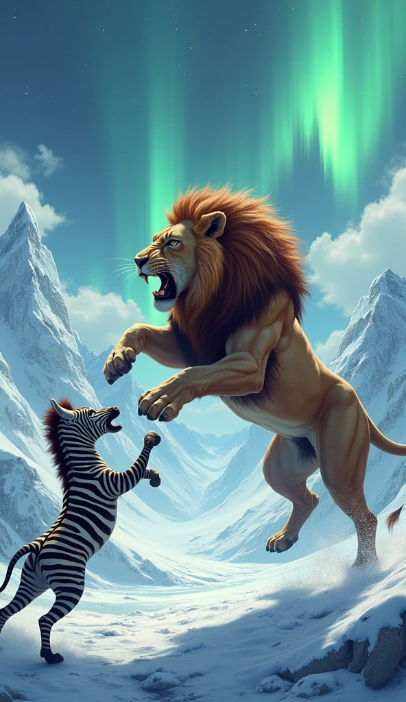 The lion jumps in the air against the background of the snowy mountains and the aurora sky, revealing its powerful body and fierce expression.   Below, a muscular zebra raising its arms in a defensive position also shows a strong expression.   The opposite word in the lively comic font is in the middle between the two animals, showing the confrontation and the big mouths.   Snow and ice cover the ground, increasing the forest cooling.