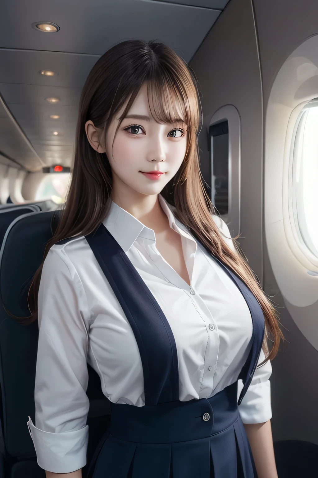 One Girl, 1 person,Highest quality,High resolution,超High resolution,8k,Realistic,Upper Body,encounter_audience,Large Breasts, the body is slim,(Cabin Attendant:1.2), uniform, airport,
