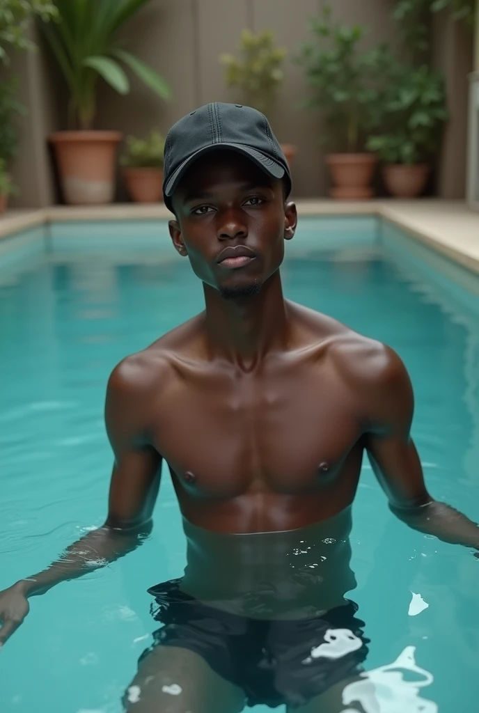 best qualityer:1.4), (ultra high resolution:1.2), (photorrealistic:1.4), (8k, CRU photo:1.2), a thin young man of 20 years old, skin black, with a smooth, beardless face, corte de cabelo buzzcut, He's wearing a black cap. It's inside the pool. thin build. Scrawny. pessoa magra. She has a seductive look at the camera