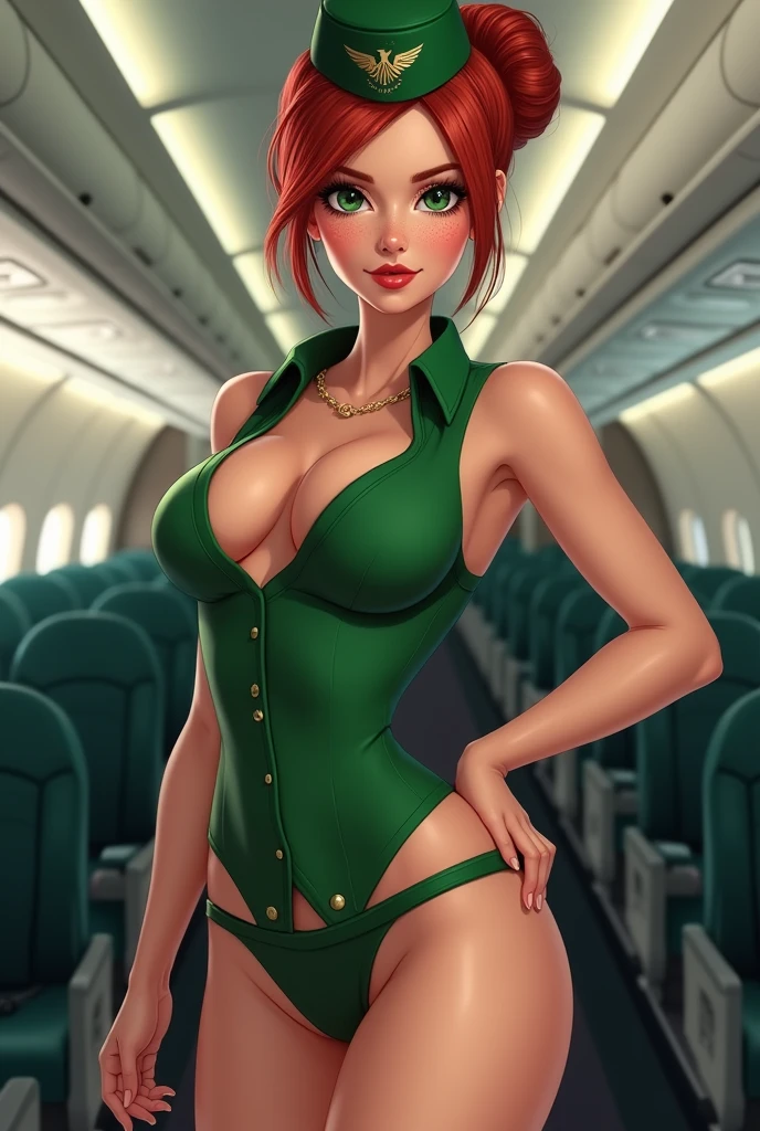 Use this last female flight attendant avatar, realistic looking, very detailed, with red hair tied in a bun and red pubic hair, big green eyes and freckles, and this is mandatory, she must be completely and absolutely nude, with absolutely no clothes whatsoever (that means no bra, panties, dress, bodice, skirt, pants, jacket or any other form or type of clothing, except for the flight attendant's hat!). Breast size must be 58DDD, make the narrow waist and her wide hips. One hand on her hip and the other hand in a "beckoning, come to me" gesture. Show her entire body, from head to toes, full frontal view. Provide a wide body commercial passenger plane interior setting (Mexicana Airlines) with no other human forms. Remember, NO CLOTHES WHATSOEVER except for the flight attendant's green headdress with the golden wings! Again, no clothes at all, except for the flight attendant headdress. Not Safe For Work NSFW is demanded!