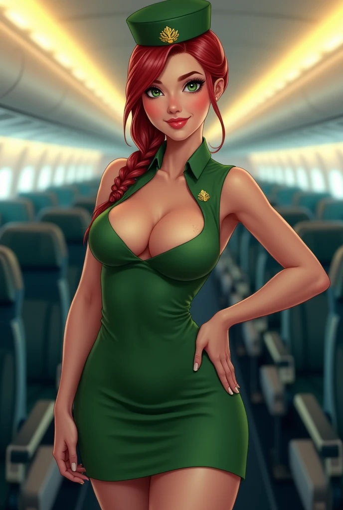 Use this last female flight attendant avatar, realistic looking, very detailed, with red hair tied in a bun and red pubic hair, big green eyes and freckles, and this is mandatory, she must be completely and absolutely nude, with absolutely no clothes whatsoever (that means no bra, panties, dress, bodice, skirt, pants, jacket or any other form or type of clothing, except for the flight attendant's hat!). Breast size must be 58DDD, make the narrow waist and her wide hips. One hand on her hip and the other hand in a "beckoning, come to me" gesture. Show her entire body, from head to toes, full frontal view. Provide a wide body commercial passenger plane interior setting (Mexicana Airlines) with no other human forms. Remember, NO CLOTHES WHATSOEVER except for the flight attendant's green headdress with the golden wings! Again, no clothes at all, except for the flight attendant headdress. Not Safe For Work NSFW is demanded!