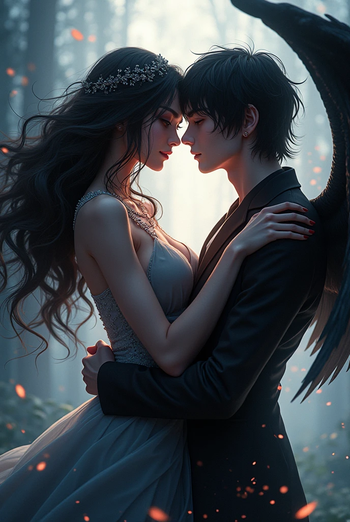 Demon woman kissing angel man with black hair anime