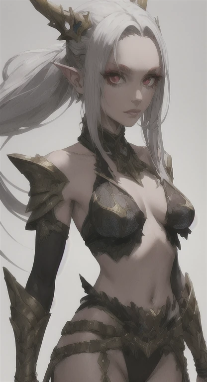 Ancient , Eldari race, Kalindria, silver hair, red eyes, looking at viewer, ancient armor,