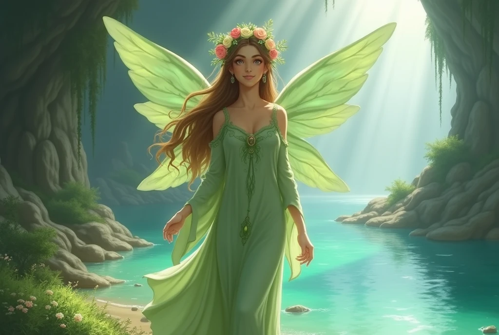 A delicate depiction of the Goddess of Wishing Falls from The Legend of Zelda、In the background, he is standing by a lake in a cave.、A gentle smiling face、Long brown hair、Wearing a light green cloth、Large pale green wings on its back、Floral ornament on the head、