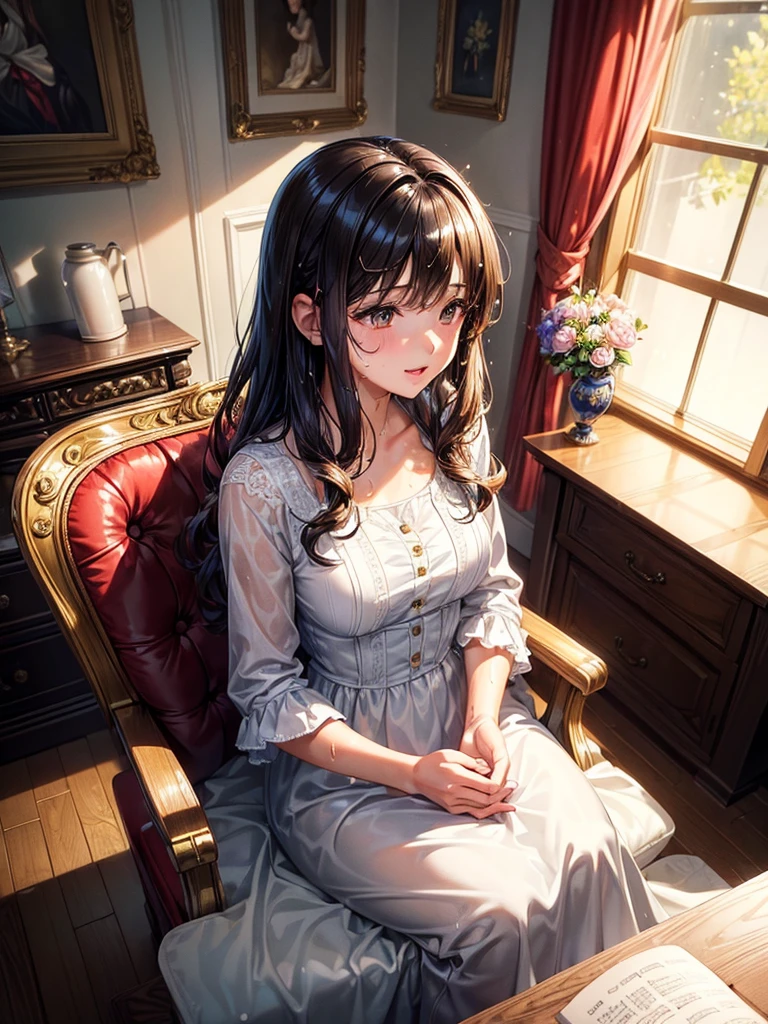 (masterpiece:1.4), (ultra detailed:1.4), (extremely detailed CG:1.4), (Shiny glossy wet hair:1.4), (super fine illustration:1.4), full lip gloss, A heartwarming scene featuring a mother with short bobbed, light brown hair playing the piano while singing to her child. The mother has a gentle, loving expression, and the child is standing or sitting beside her, looking up with joy and admiration. The setting is a cozy, warmly lit living room, with soft, natural light coming through the window. The piano is a classic upright model, and there might be a few family photos or a vase with fresh flowers on top of it. The atmosphere is peaceful, warm, and full of love