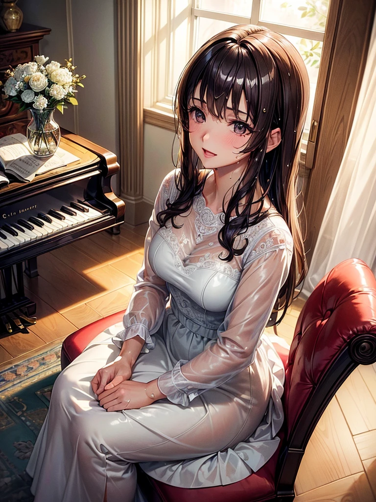 (masterpiece:1.4), (ultra detailed:1.4), (extremely detailed CG:1.4), (Shiny glossy wet hair:1.4), (super fine illustration:1.4), full lip gloss,  A heartwarming scene featuring a mother with short bobbed, light brown hair playing the piano while singing to her child. The mother has a gentle, loving expression, and the child is standing or sitting beside her, looking up with joy and admiration. The setting is a cozy, warmly lit living room, with soft, natural light coming through the window. The piano is a classic upright model, and there might be a few family photos or a vase with fresh flowers on top of it. The atmosphere is peaceful, warm, and full of love