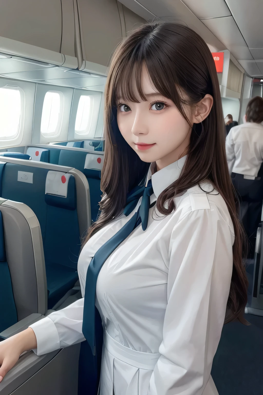 One Girl, 1 person,Highest quality,High resolution,超High resolution,8k,Realistic,Upper Body,encounter_audience,Large Breasts, the body is slim,(Cabin Attendant:1.2), uniform, airport,