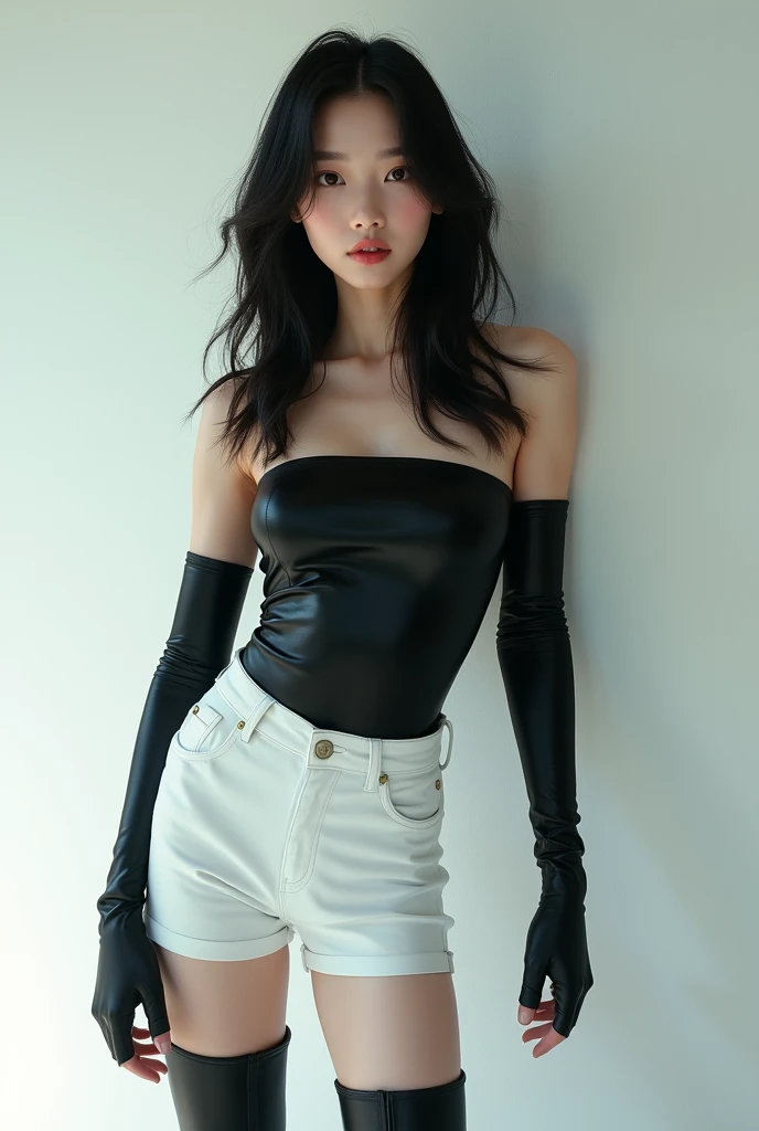 Korean girl, black thigh high boots, white pants, long gloves