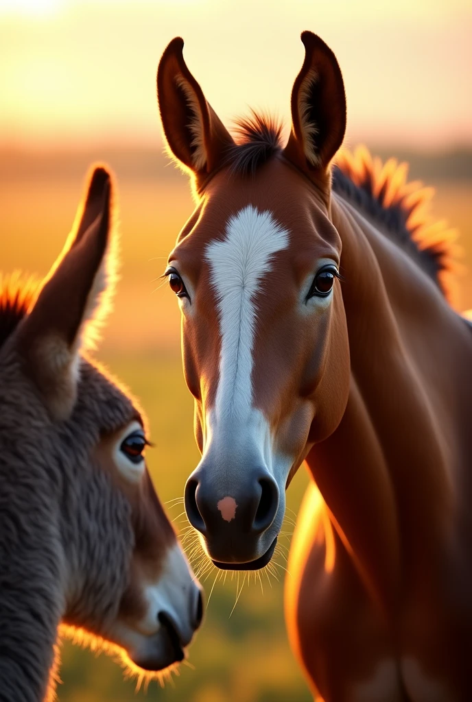 Close-up of a horse looking sympathetically at a donkey. The horse is clearly visible in the sunlight, with a bright background that reflects majesty and beauty. 